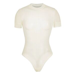 bone SKIMS summer mesh tshirt bodysuit | white SKIMS mesh high neck bodysuit